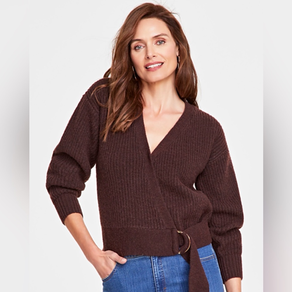 INC Concepts Brown Faux Wrap Sweater. Sz Lg. Gold bangle detail